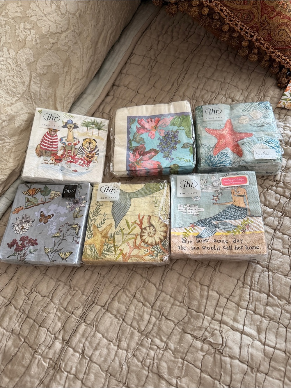 Sux packages of Coastal & Floral Decorative Paper Napkins - Mixed Pastel Colors